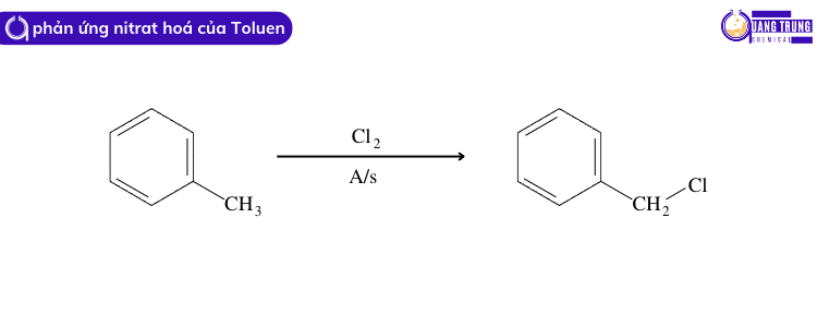 toluen phản ứng với clo khi có ánh sáng tạo thành C6H5CH2CL benzyl clorua.