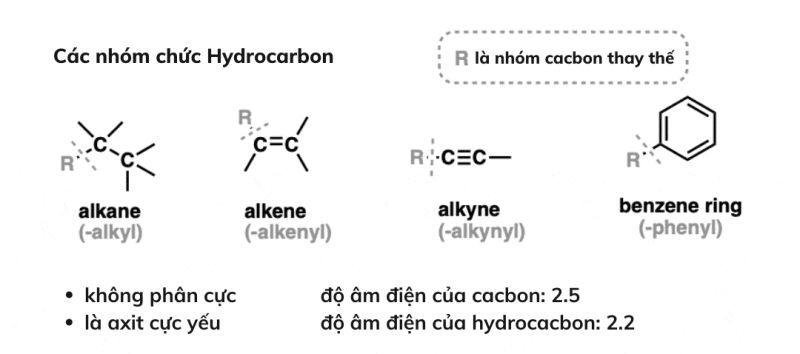 Các nhóm chức hydrocacbon rất không phân cực và có xu hướng là axit cực yếu.